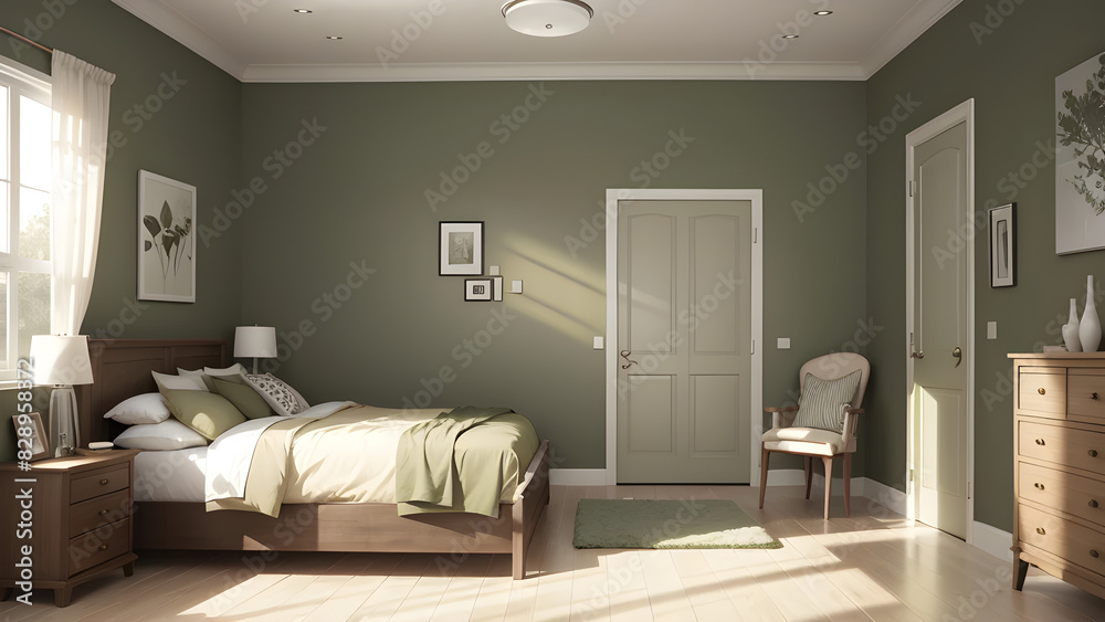 Modern bedroom with natural light creating shadows, a comfortable bed, wooden furnishings, and simple art on olive green walls Modern bedroom with natural light creating shadows, a comfortable bed, wooden furnishings, and simple art on olive green walls