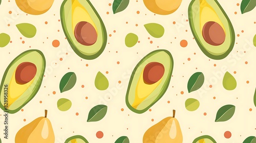 A colorful pattern featuring illustrated avocados and pears on a pastel background perfect for a vibrant design concept. 