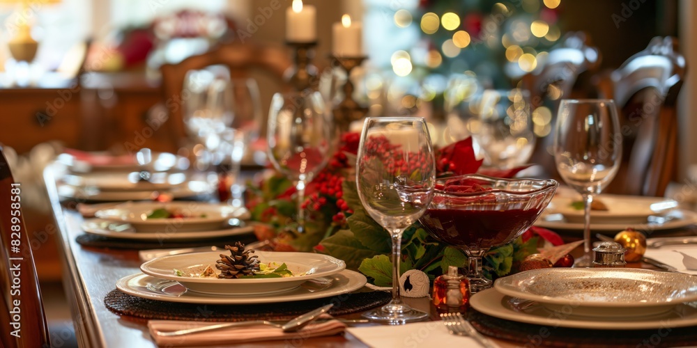 An elegantly decorated dining table ready for a festive Christmas feast, exuding sophistication An elegantly decorated dining table ready for a festive Christmas feast, exuding sophistication