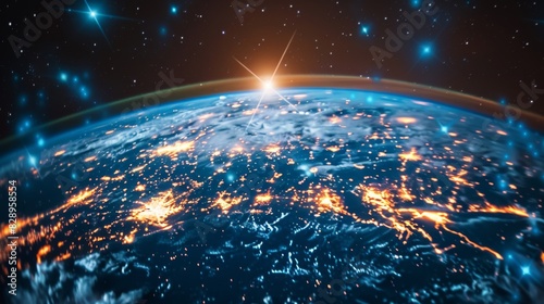 A digital art representation of our planet Earth from space  showcasing continents lit by city lights under the sunrise