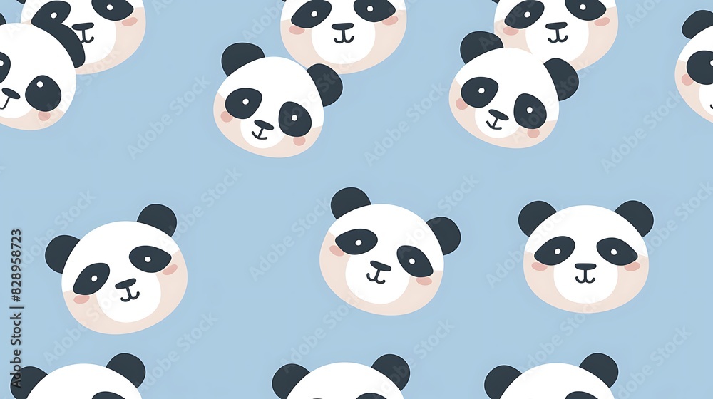 Pattern of cute cartoon panda faces on a light blue background. 