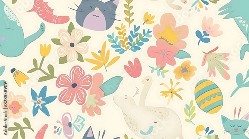 A playful pattern featuring whimsical animals and colorful flowers suitable for a variety of creative projects