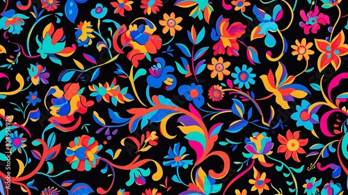 Vibrant  multi-colored floral pattern on a dark background suitable for a variety of design uses 