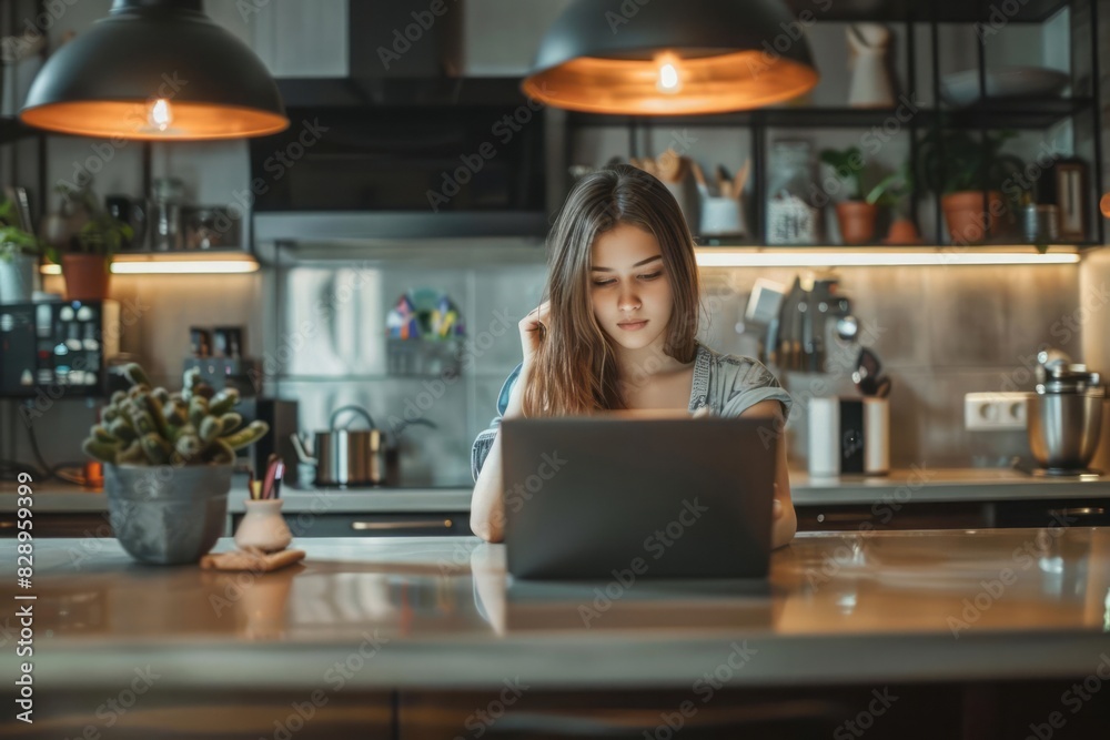 A young woman in casual attire browsing the internet on her laptop while sitting at a modern kitchen island A young woman in casual attire browsing the internet on her laptop while sitting at a modern kitchen island