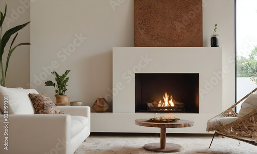 Modern living room interior with sleek design, contemporary fireplace, cozy seating, and soothing neutral colors for a tranquil atmosphere