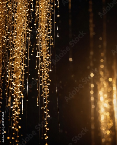 Cascading golden sparkles gently settling on a shimmering stage under a radiant spotlight.