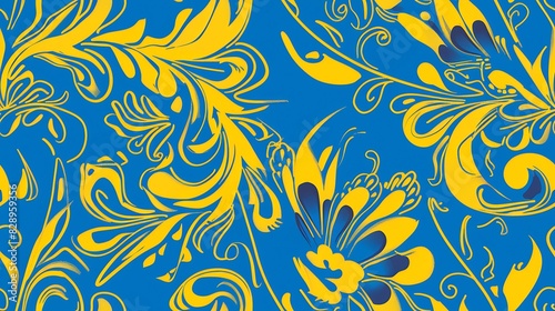 A vibrant blue and yellow floral pattern with an ornate and decorative design suitable for a diverse array of creative projects 