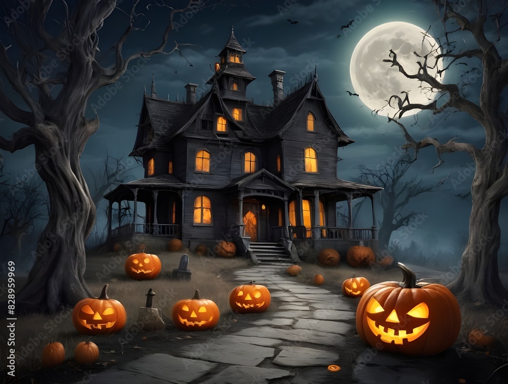 Halloween background, haunted house, moon with old black scraggly trees off on the sides, Halloween background, haunted house, moon with old black scraggly trees off on the sides,