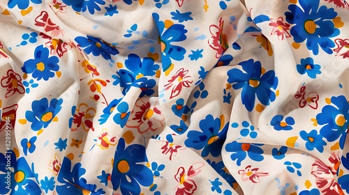 A vibrant piece of floral fabric with blue and red flower patterns on a creased white background. 