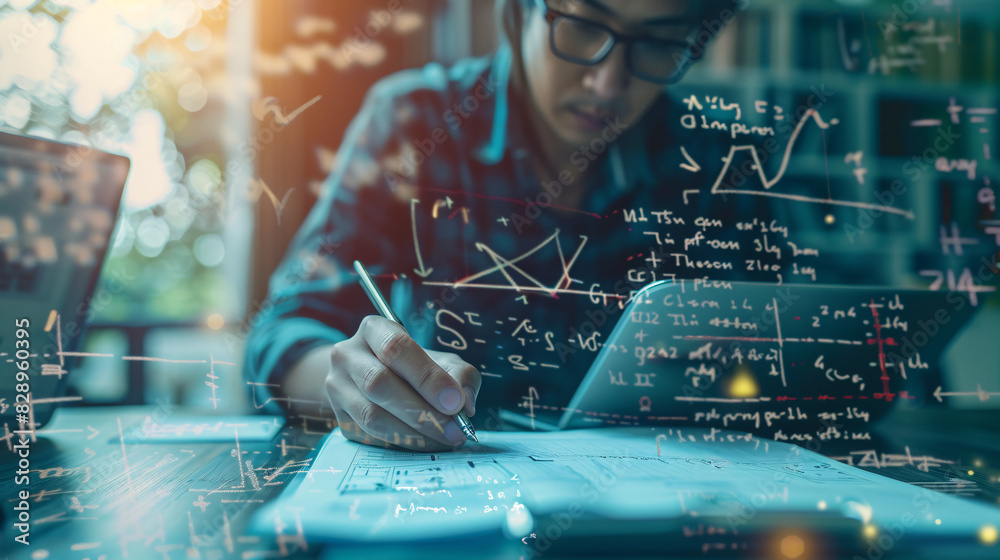 © Lull - Young man working with math equations. Image of a young man working on a math problem with mathematical equations and formulas overlayed.