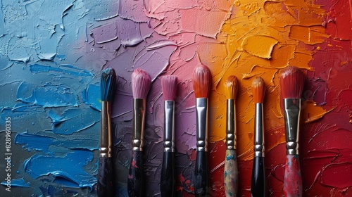 A set of art brushes with dried paint on them, resting on a canvas with swathes of blue, red, and yellow textured paint photo