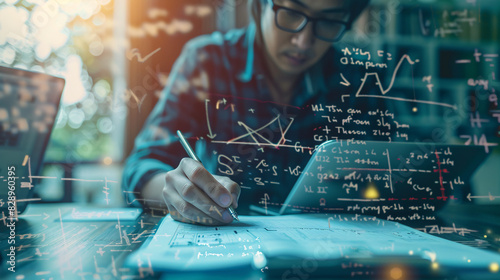 Young man working with math equations. Image of a young man working on a math problem with mathematical equations and formulas overlayed.