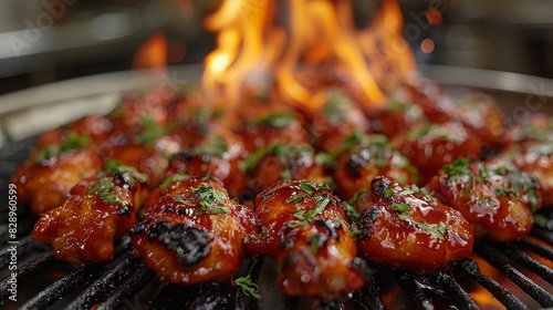 Close-up of skewered chicken pieces with grill marks, glazed with sauce, garnished with herbs with flames in the background