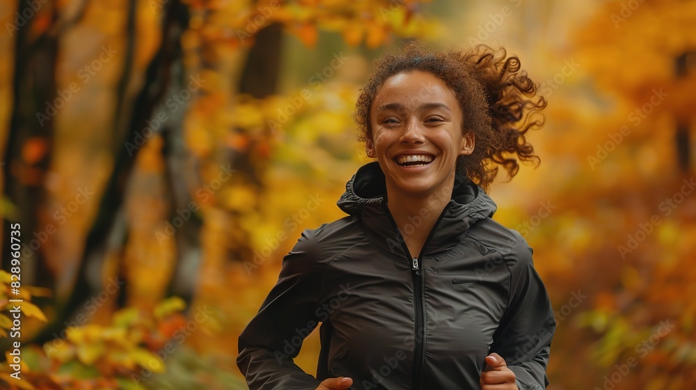young woman laughing joyfully as she jogs through a colorful autumn forest young woman laughing joyfully as she jogs through a colorful autumn forest
