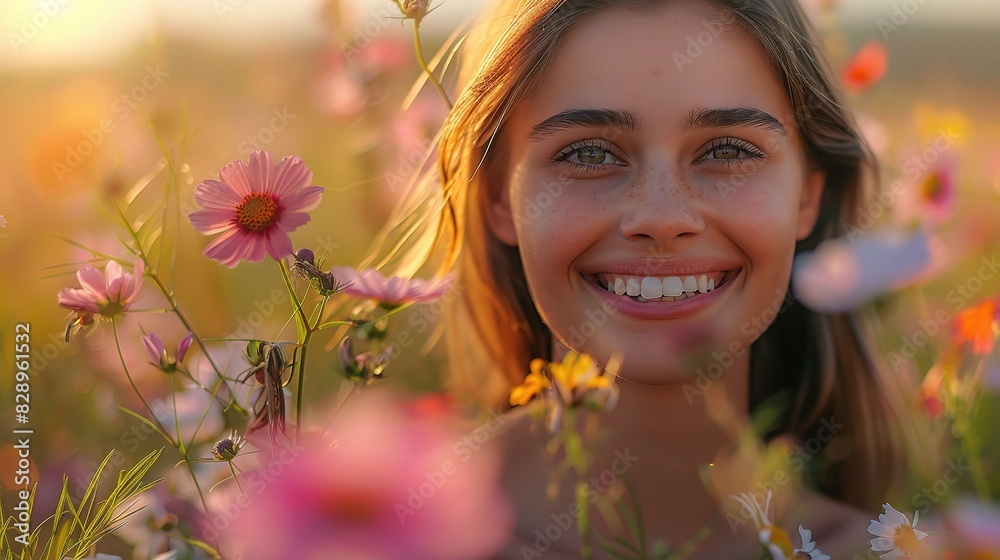 A young woman with an infectious smile, her laughter ringing out as she skips merrily through a field of blooming flowers A young woman with an infectious smile, her laughter ringing out as she skips merrily through a field of blooming flowers
