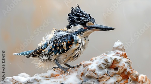 juvenile Pied Kingfisher Ceryle rudis with black and white feathers native to Egypt Africa photo