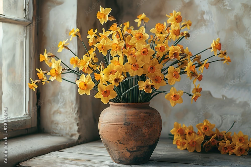 A vase of yellow flowers sits on a table