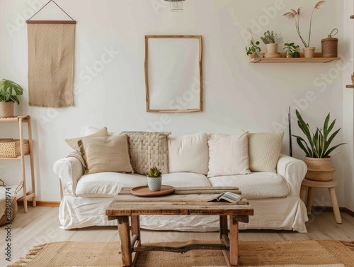 Modern Scandinavian Living Room Decor with Blue Sofa and Yellow Pillows