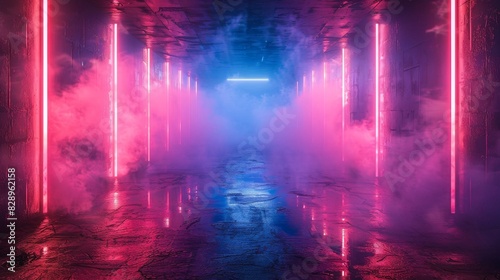 A digital artwork of a corridor filled with purplish haze and vertical neon lights giving it an otherworldly and futuristic feel