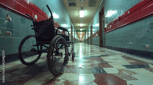 A solitary wheelchair in the dimly lit corridor of a hospital, suggesting absence and care photo