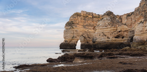 rocky beach and cliffs in Algarve in Portugal on the Atlantic ocean