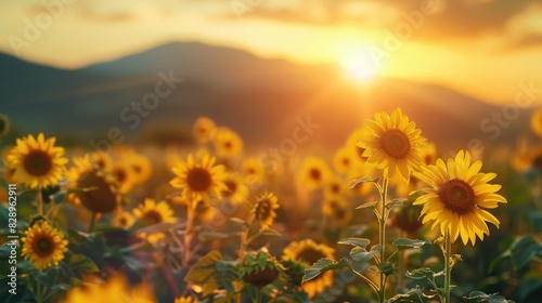 Sunflowers blooming in a field with a golden sunset and blurry mountain backdrop