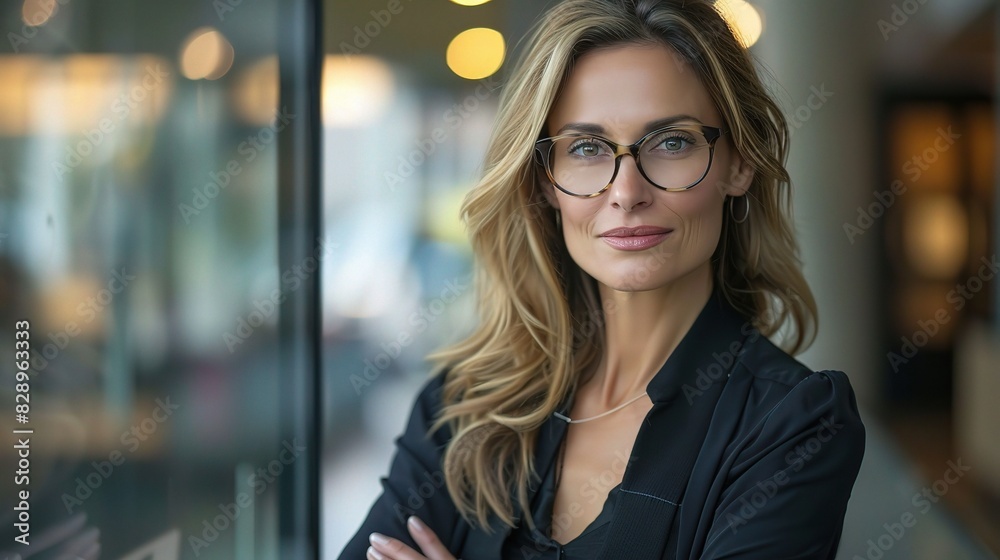 businesswoman displaying assurance with a warm smile, arms crossed in a determined pose businesswoman displaying assurance with a warm smile, arms crossed in a determined pose
