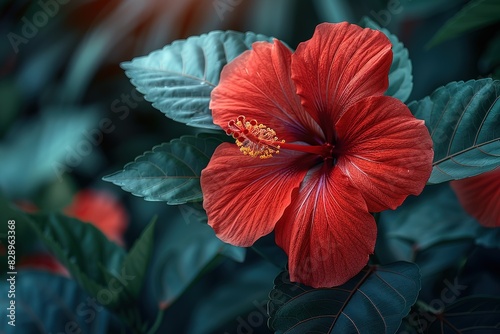 A vibrant red hibiscus flower blooms in the garden, surrounded by lush green leaves and foliage photo
