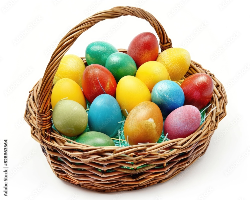 Easter Basket With Eggs. Colorful Eggs Filling a Basket on White Background Easter Basket With Eggs. Colorful Eggs Filling a Basket on White Background