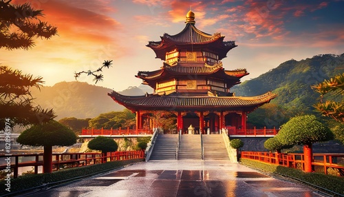 chinese temple in the morning photo