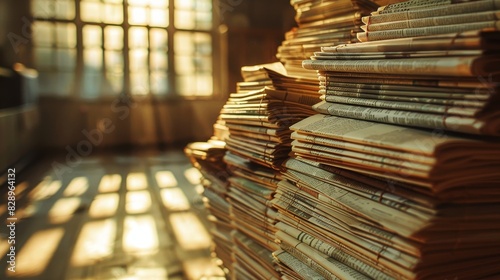 Close-Up stacks of newspapers casting warm shadows in soft sunlight