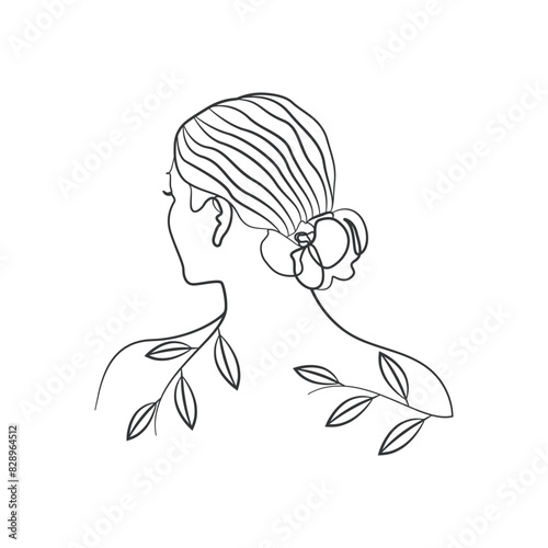 Women's backside face line art. Female with leaf drawing. Organic natural elements beauty salon line art and outline illustration. 