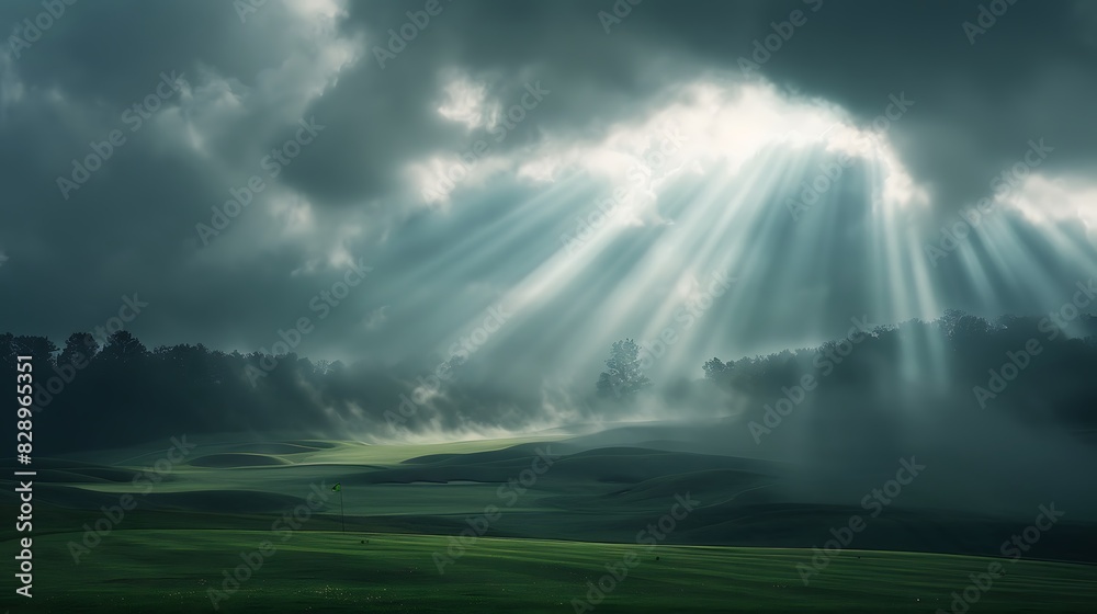 Golf course with a dramatic cloudscape and light filtering through.