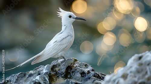 juvenile Whitetailed Tropicbird Phaethon lepturus with white plumage and long tail feathers native to Seychelles Africa photo