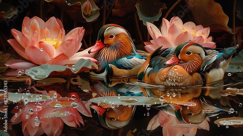 mesmerizing artwork capturing enchanting beauty of a pair of Mandarin Ducks Aix galericulata swimming gracefully amidst a tranquil lotus pond their vibrant plumage mirrored in the still waters below photo