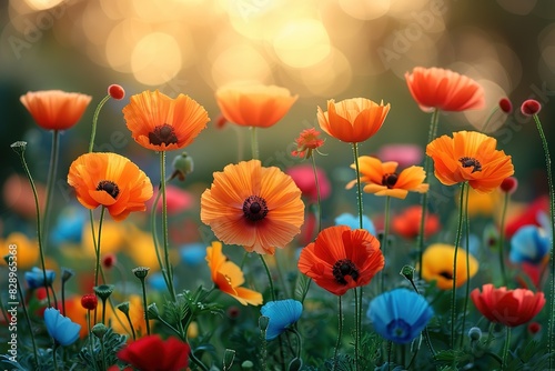 A field of flowers with a mix of colors including orange  blue  and red