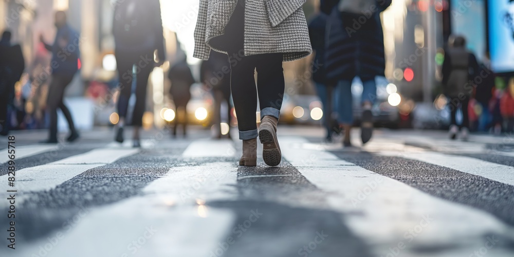 Fototapeta premium A person's feet walking on a crosswalk in a busy city street, suggesting urban life and movement
