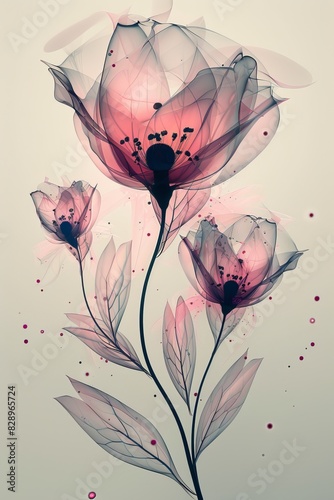 Three Pink Flowers With Leaves on a White Background