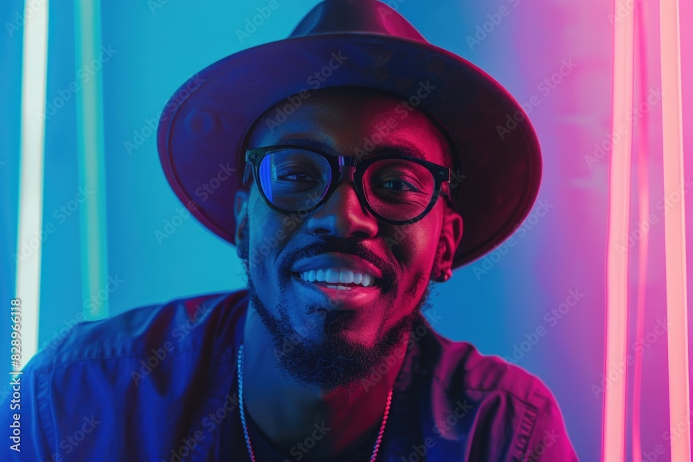 Stylish African American man smiling in neon light background.