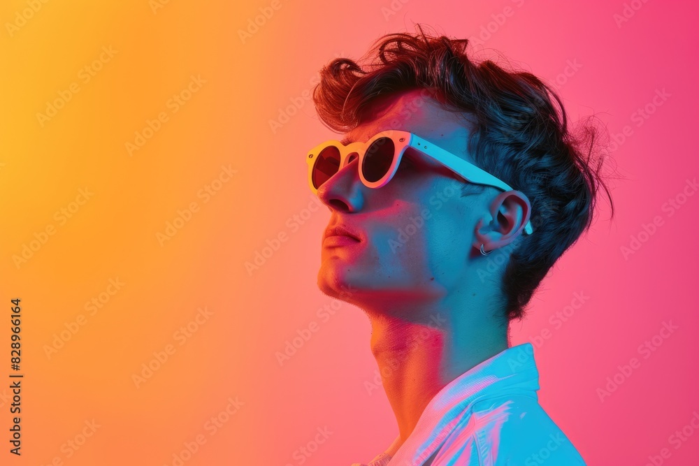 Young man in sunglasses showing emotions on colorful background. Young man in sunglasses showing emotions on colorful background.