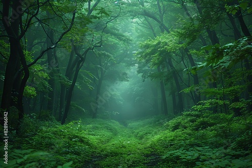 Depicting a the forest scene is green and filled with tree branches