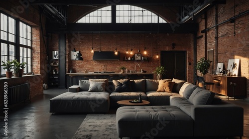 Chic loft apartment with minimalist industrial-inspired living area. © xKas