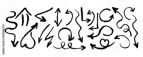 Collection of arrows. One-stroke drawing. Hand-drawn by brush. Straight, round, thick, thin, spiral signs and icons.