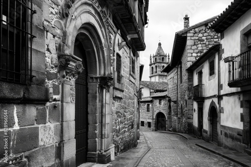 Black And White City Street. Antique Architecture with Historic Church in Asturias, Spain