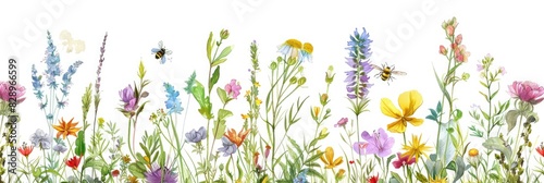 Botanical Wildflowers. Seamless Rim Border with Medicinal Herbs, Leaves, and Bees - Watercolor Botanical Illustration
