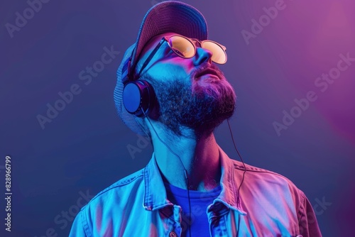 Attractive hipster guy dancing to bass music on neon background.