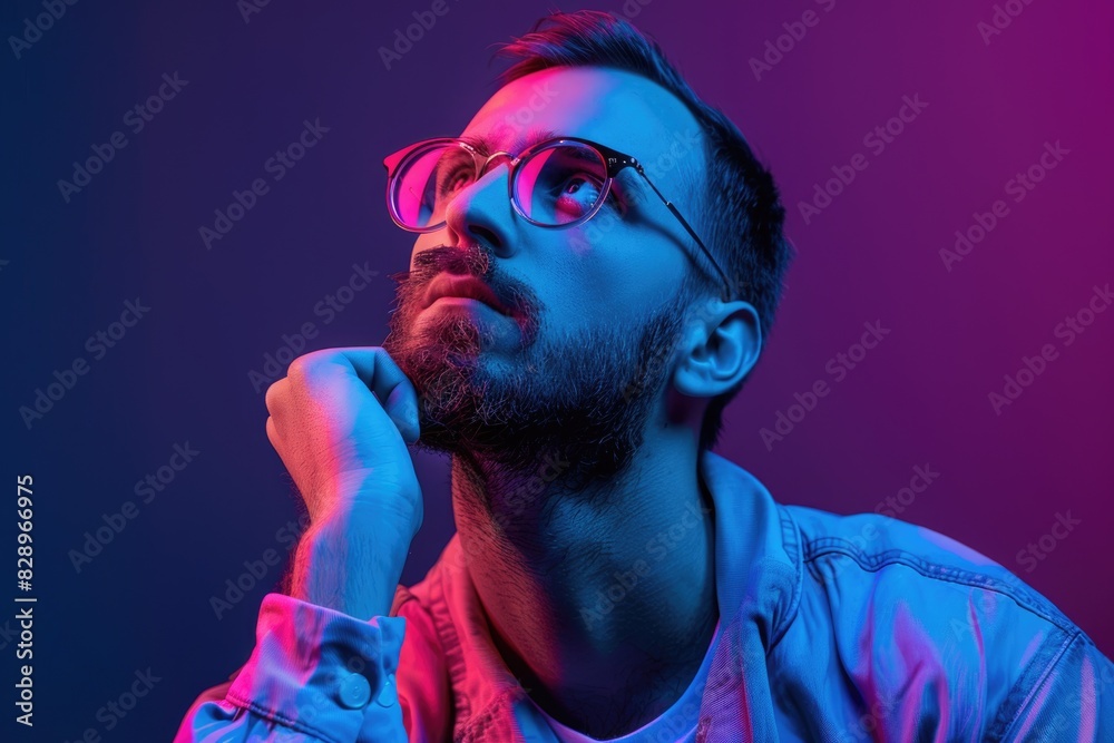 Portrait of creative guy thinking  isolated on neon background.