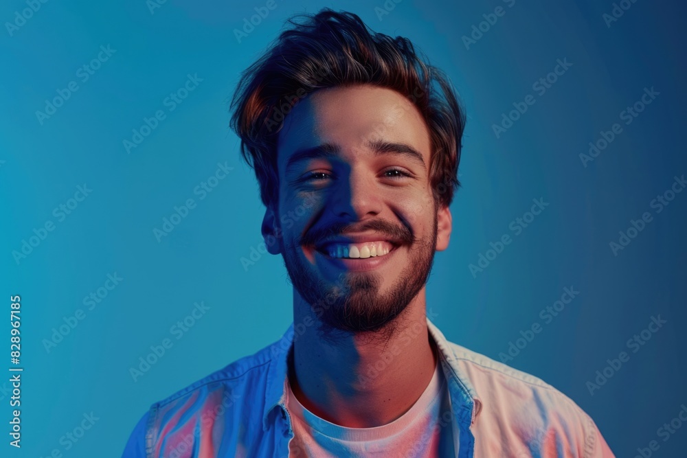 Caucasian mans portrait in neon light expressing emotions. Caucasian mans portrait in neon light expressing emotions.