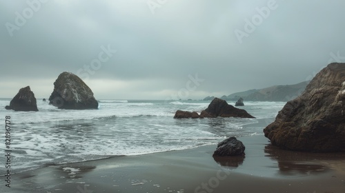 Tranquil seashore featuring rocky structures gentle waves and overcast sky evoking a sense of peace
