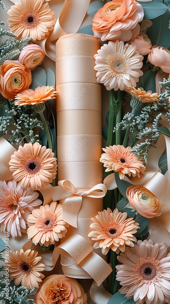 flat lay of vibrant pastel materials with paper rolls satin ribbon gray card flowers gerbera daisies green background cheerful diy gift wrapping setup flat lay of vibrant pastel materials with paper rolls satin ribbon gray card flowers gerbera daisies green background cheerful diy gift wrapping setup